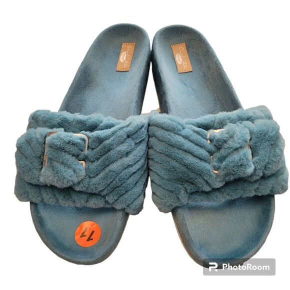 DR. SCHOLLS Slippers Women 11 M Faux Fur Buckle Slide Teal NEW - Picture 2 of 7